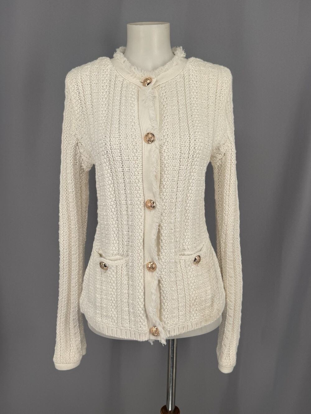 Express Cardigan Sweater Medium Cream Buttons Cable Knit Preppy Old Money Career